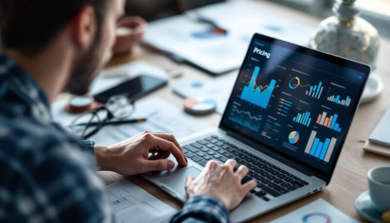 A photograph of a business professional analyzing pricing data on a laptop