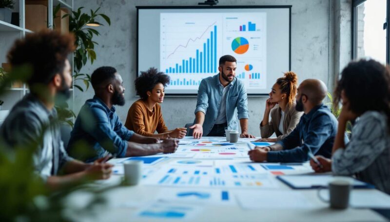 A photograph of a diverse group of business professionals engaged in a dynamic brainstorming session