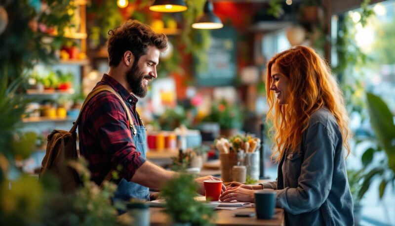 A photograph of a small business owner engaging with customers in a vibrant