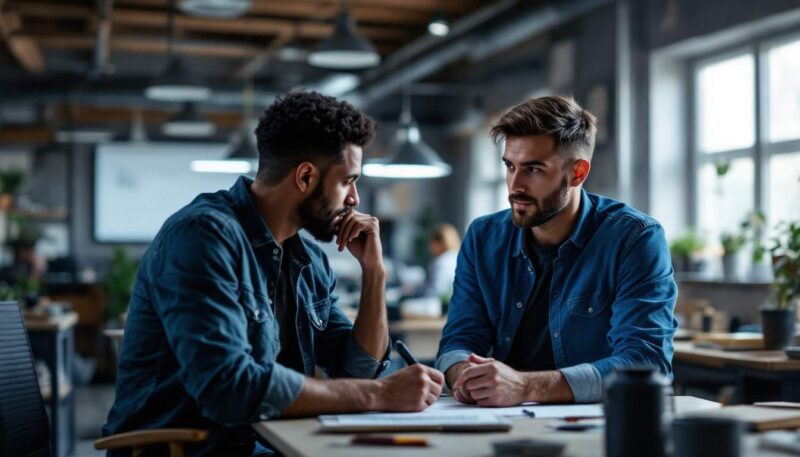 A photograph of a small business owner engaged in a thoughtful discussion with their team
