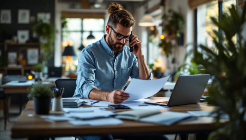 A photograph of a busy small business owner juggling multiple tasks