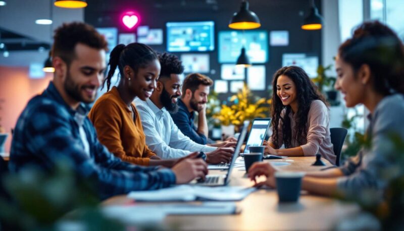 A photograph of a dynamic workspace featuring a diverse group of professionals collaborating over digital devices