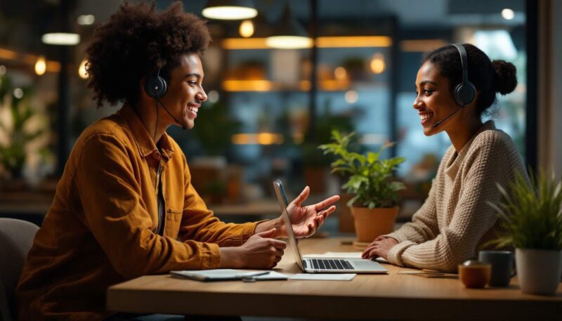 A photograph of a customer service representative engaged in a positive interaction with a customer