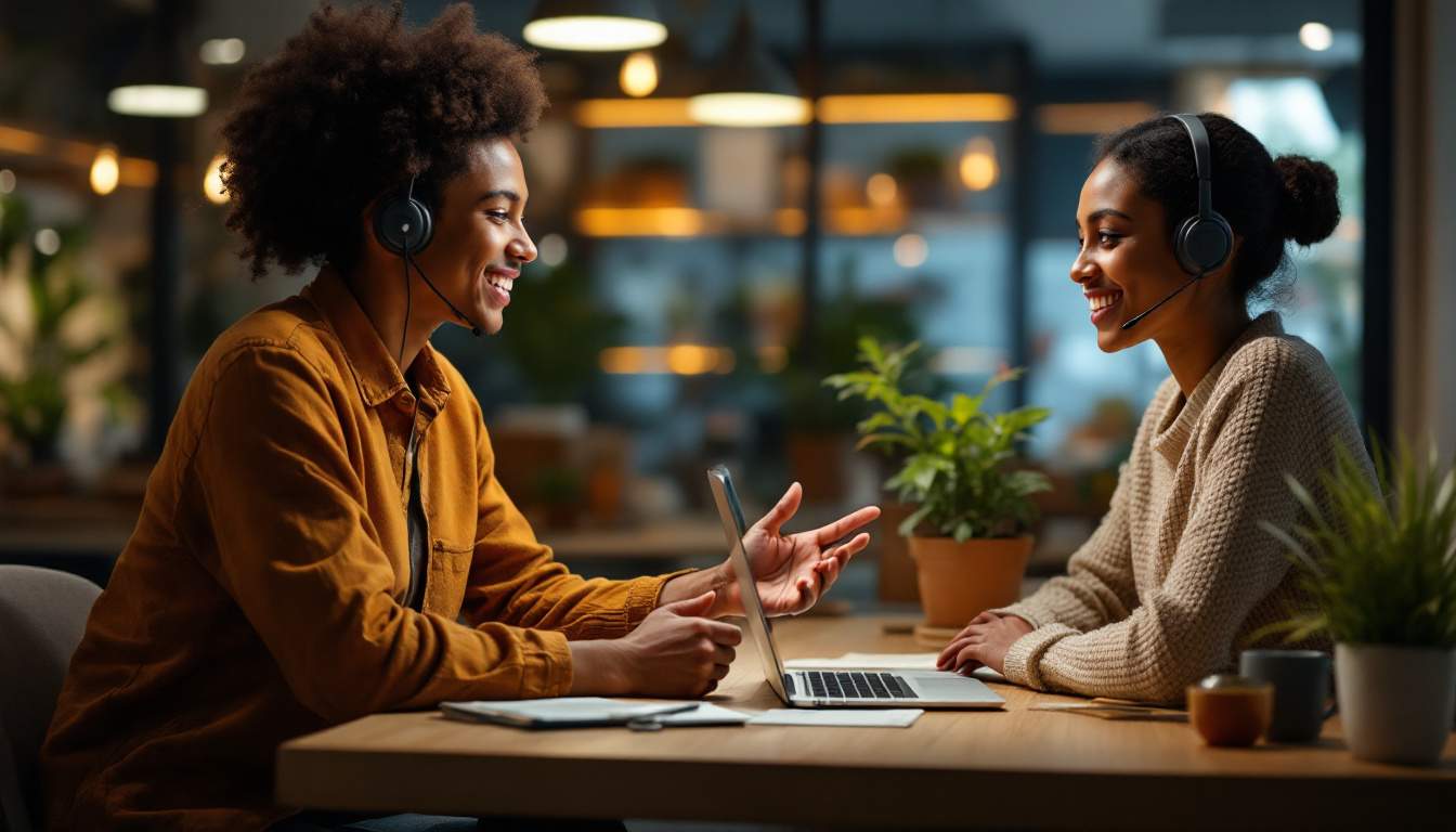 Handling Customer Service Challenges: Turning Complaints into Opportunities A photograph of a customer service representative engaged in a positive interaction with a customer
