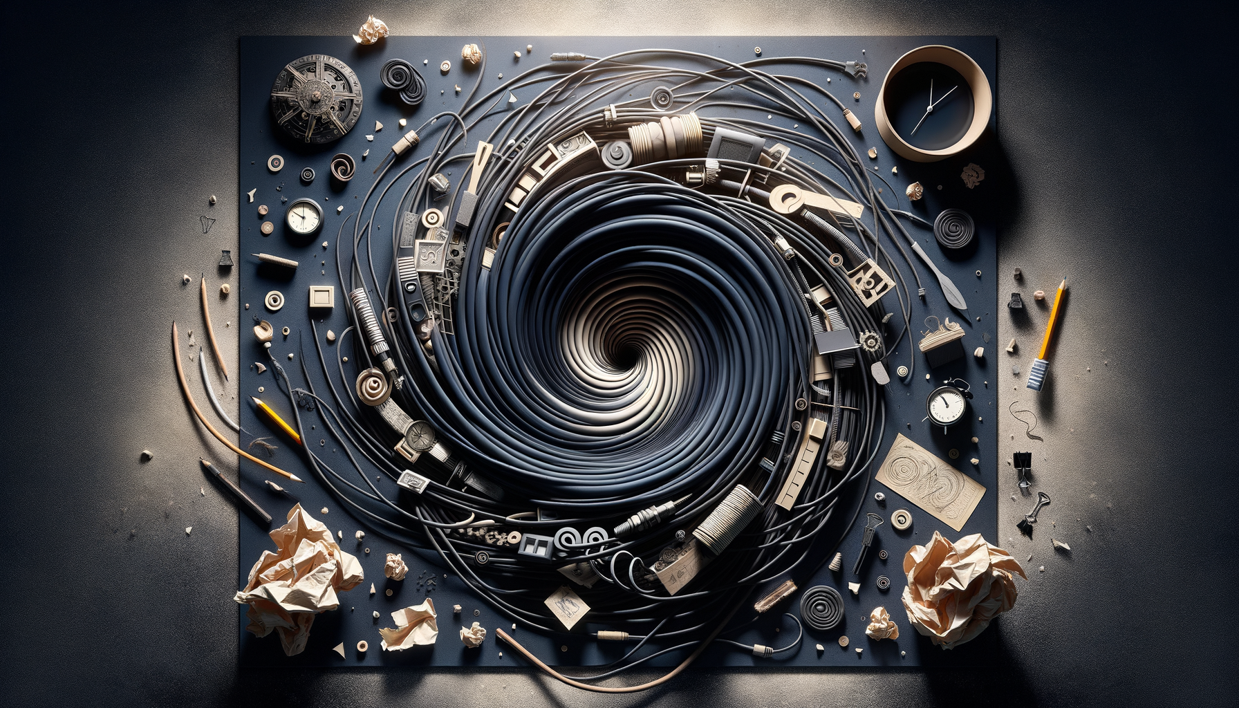 Where Recurring Issues Circle the Drain Without Resolution A swirling drain surrounded by various symbolic representations of common recurring issues